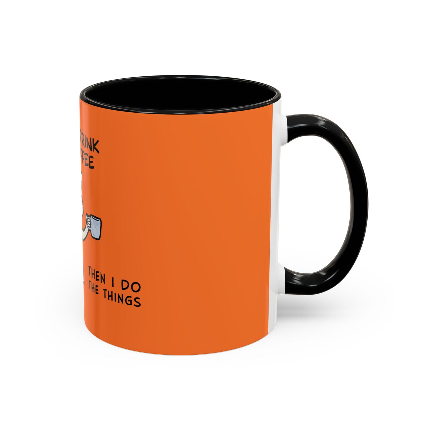 Orange and black Printify coffee mug with humorous coffee-themed design and black handle