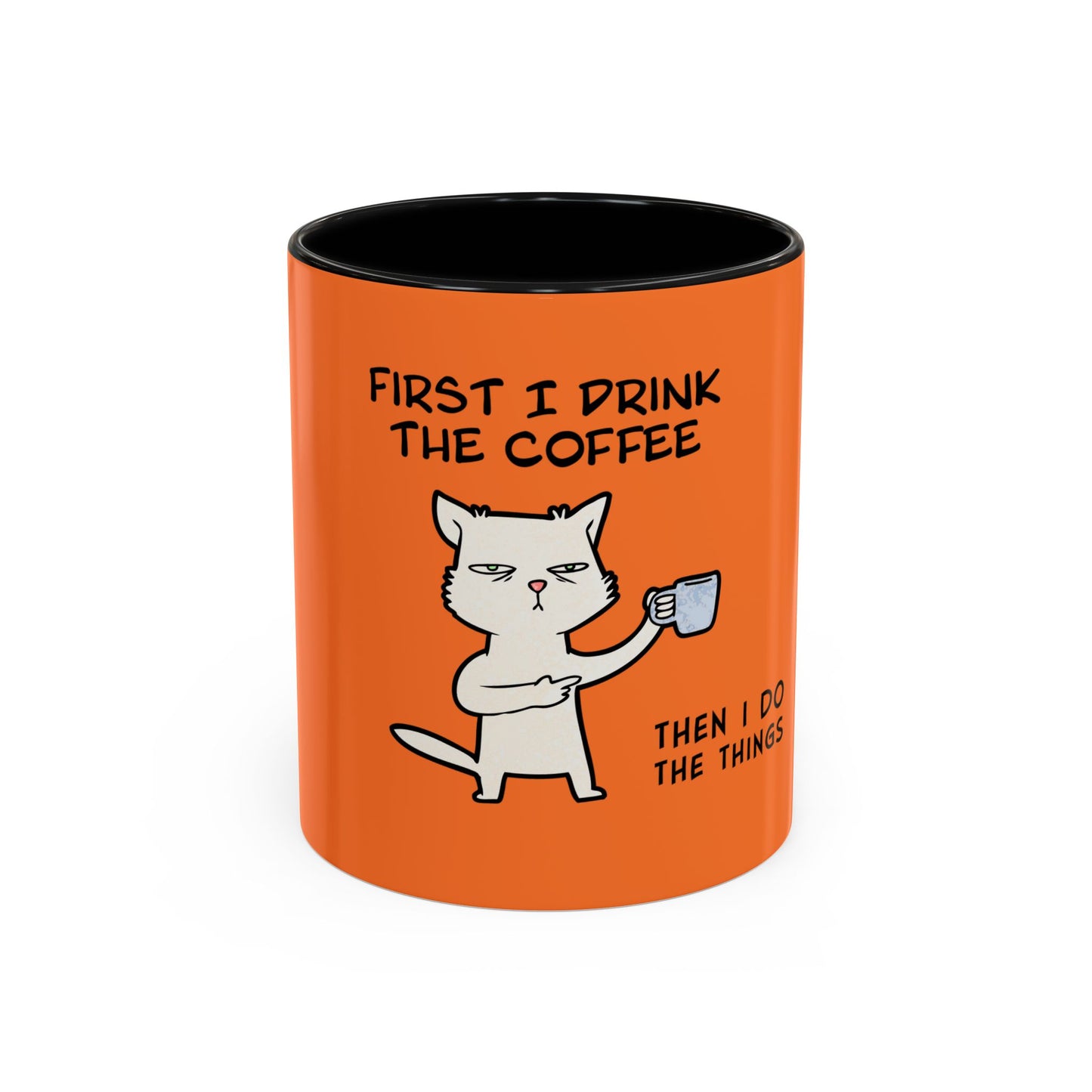 Orange coffee mug with black interior featuring a cat holding a cup and text coffee mugs