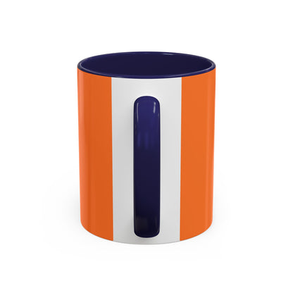 Printify orange and white ceramic coffee mug with navy blue handle and interior