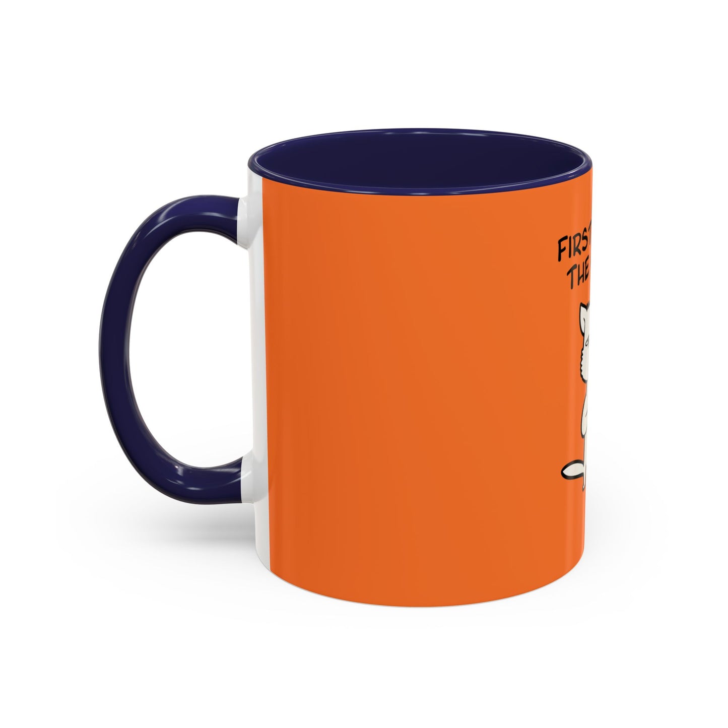 Printify orange coffee mug with navy blue handle and rim featuring a playful cat design