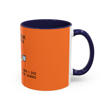 Printify orange coffee mug with navy handle and interior featuring a coffee-themed design