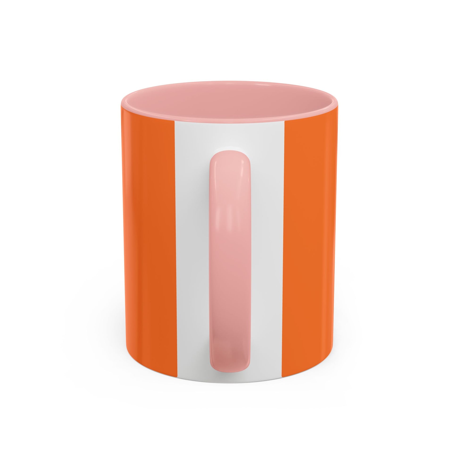 Printify coffee mugs with orange exterior, white vertical stripe, and pink handle and interior