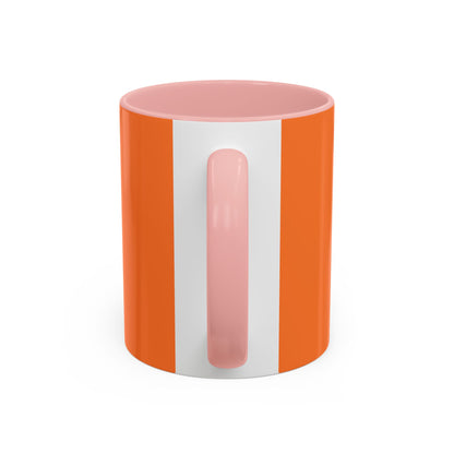 Printify coffee mugs with orange exterior, white vertical stripe, and pink handle and interior