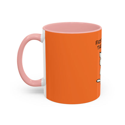 Printify coffee mugs with pink handle and interior featuring orange exterior and cat design
