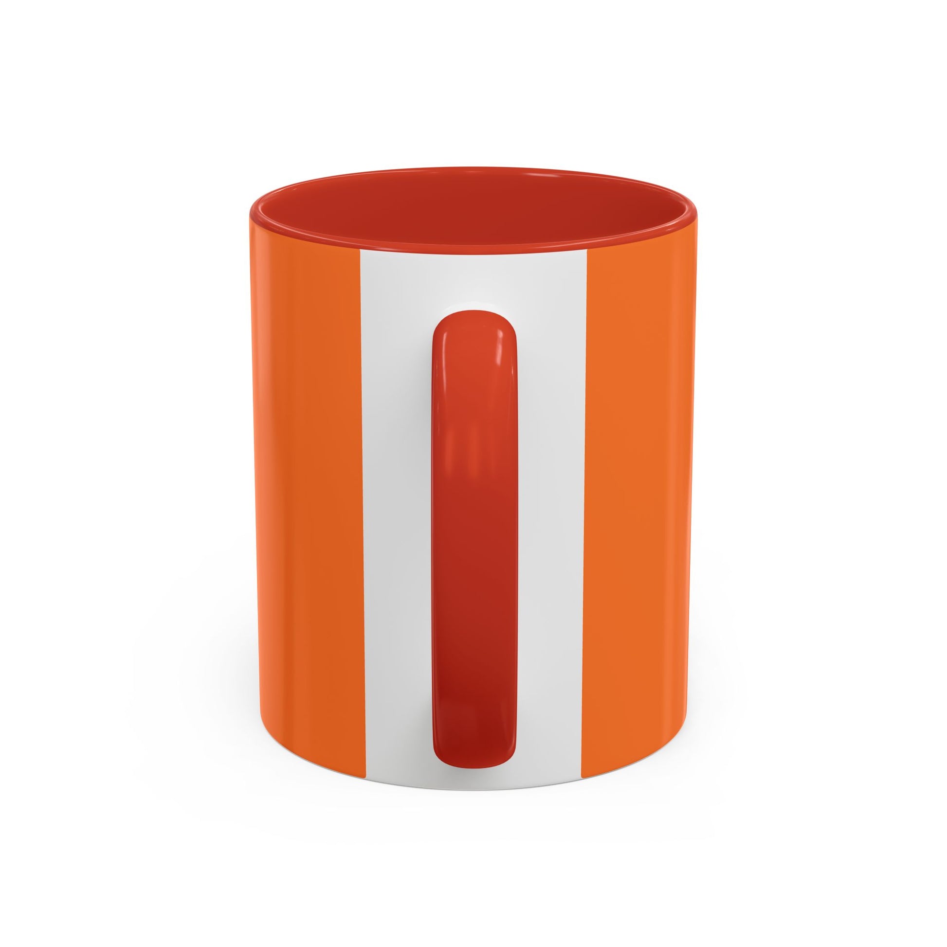 Printify orange and white coffee mug with a red interior and handle