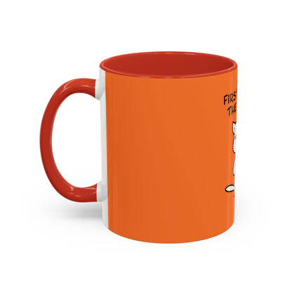 Orange Printify coffee mug with red handle and interior featuring a partial cat design