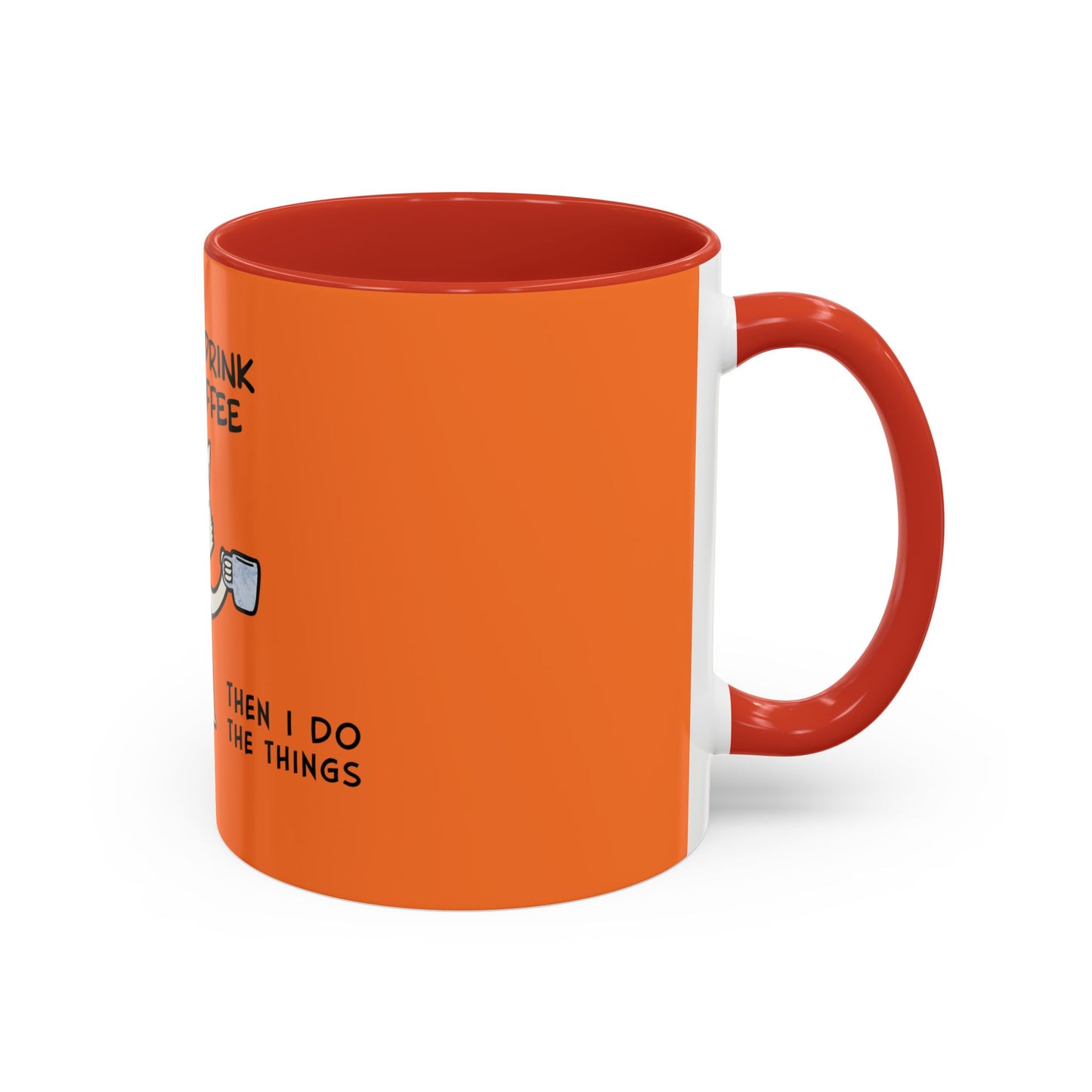 Orange and red coffee mug with humorous text and Printify branding coffee mugs