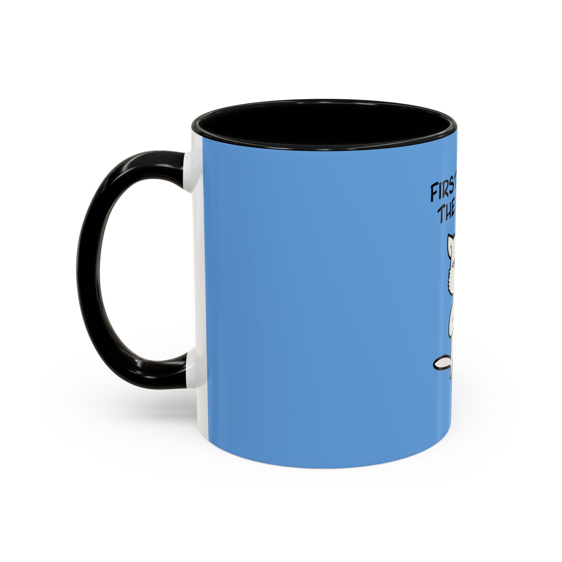 Printify coffee mugs with black handle and rim featuring blue background and partial cat design