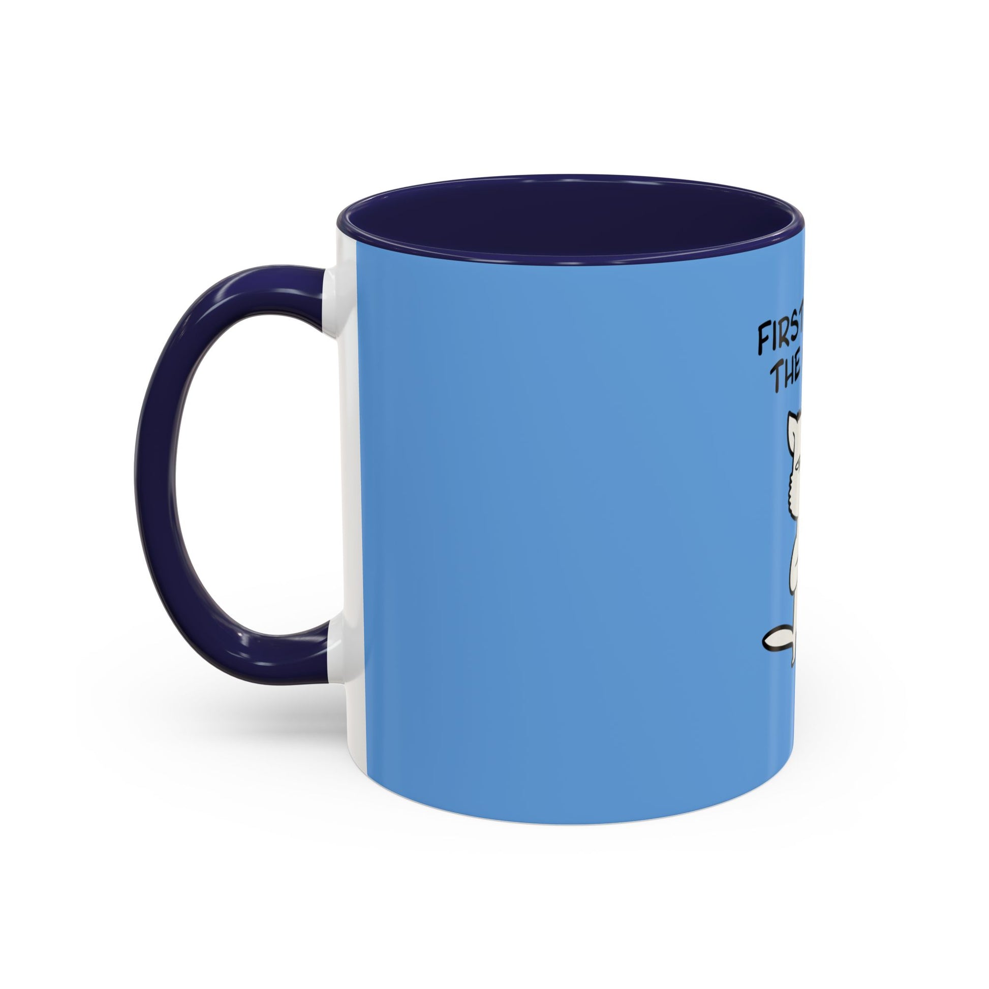 Printify blue coffee mug with dark blue handle and interior featuring cartoon design