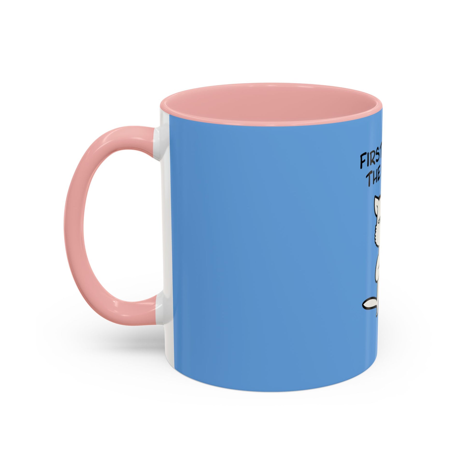 Printify coffee mugs with pink handle and interior featuring blue exterior and a cat design