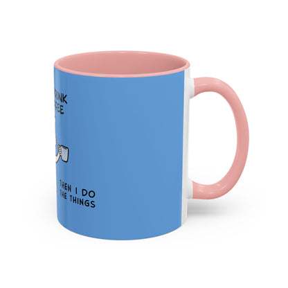 Printify coffee mugs with blue exterior and pink handle featuring humorous coffee quote