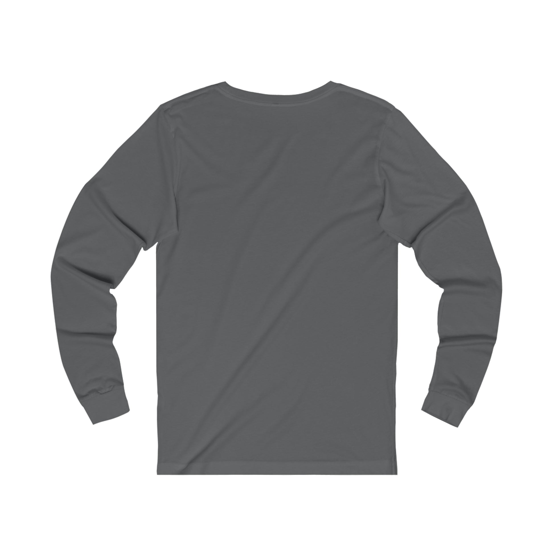 Back view of plain gray Printify long-sleeve shirt without colorful cat tee design