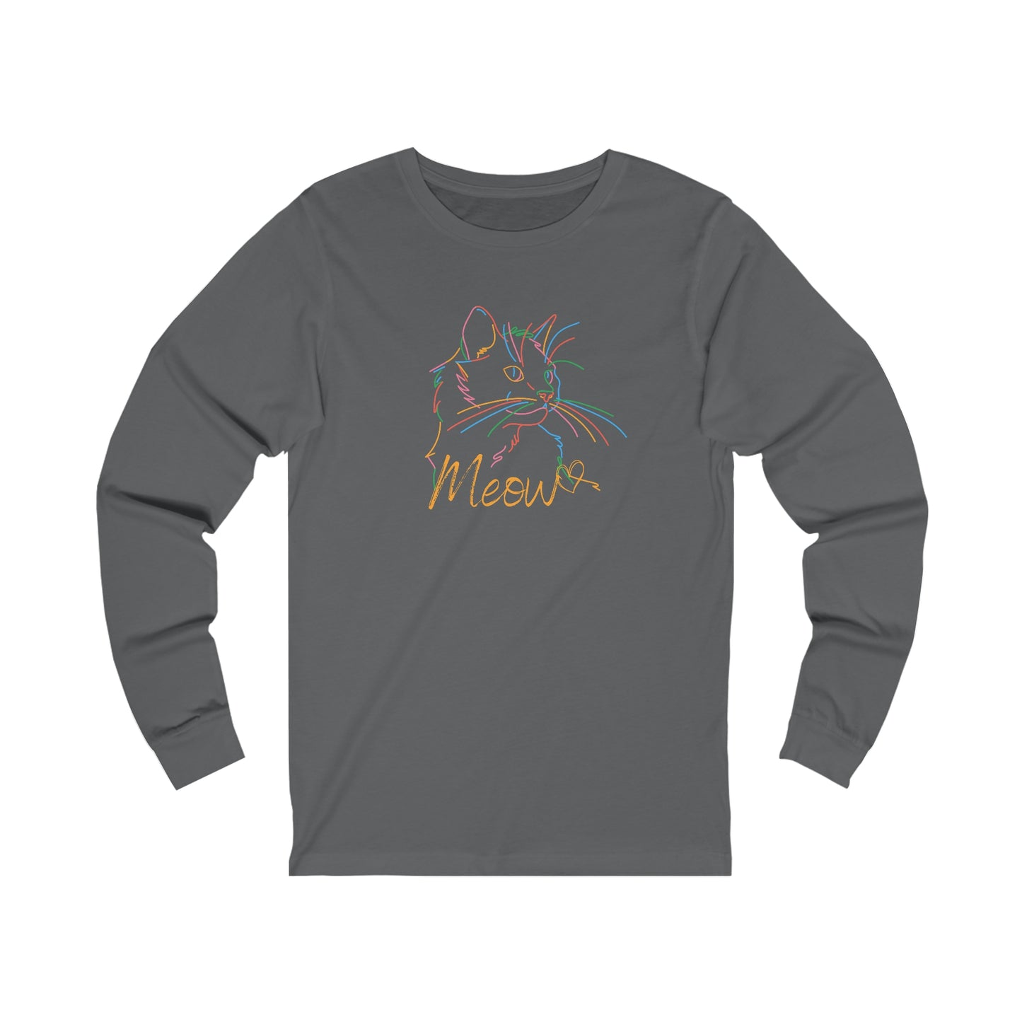 Printify long-sleeve shirt with colorful cat tee design featuring outlined cat and meow text