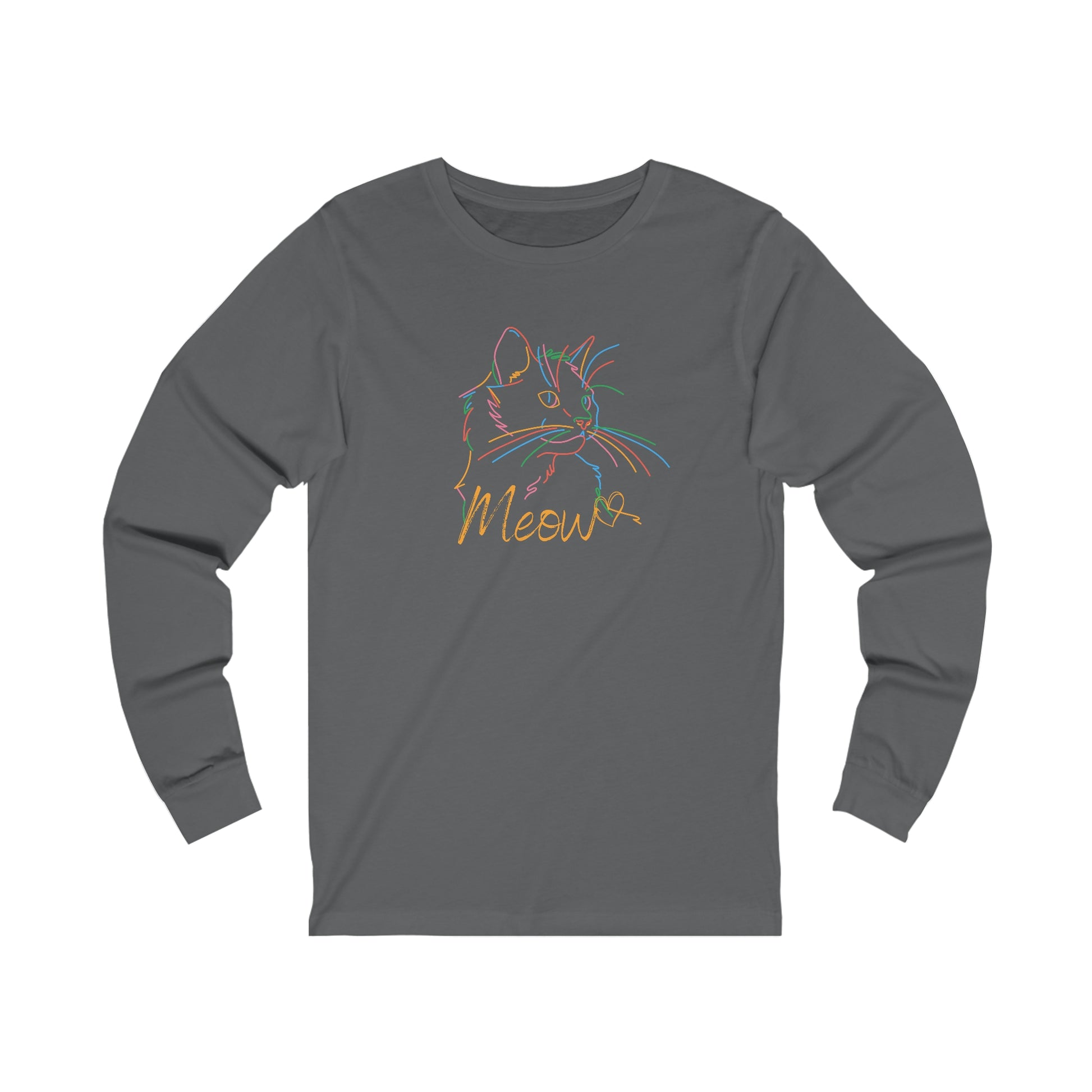 Printify long-sleeve shirt with colorful cat tee design featuring outlined cat and meow text