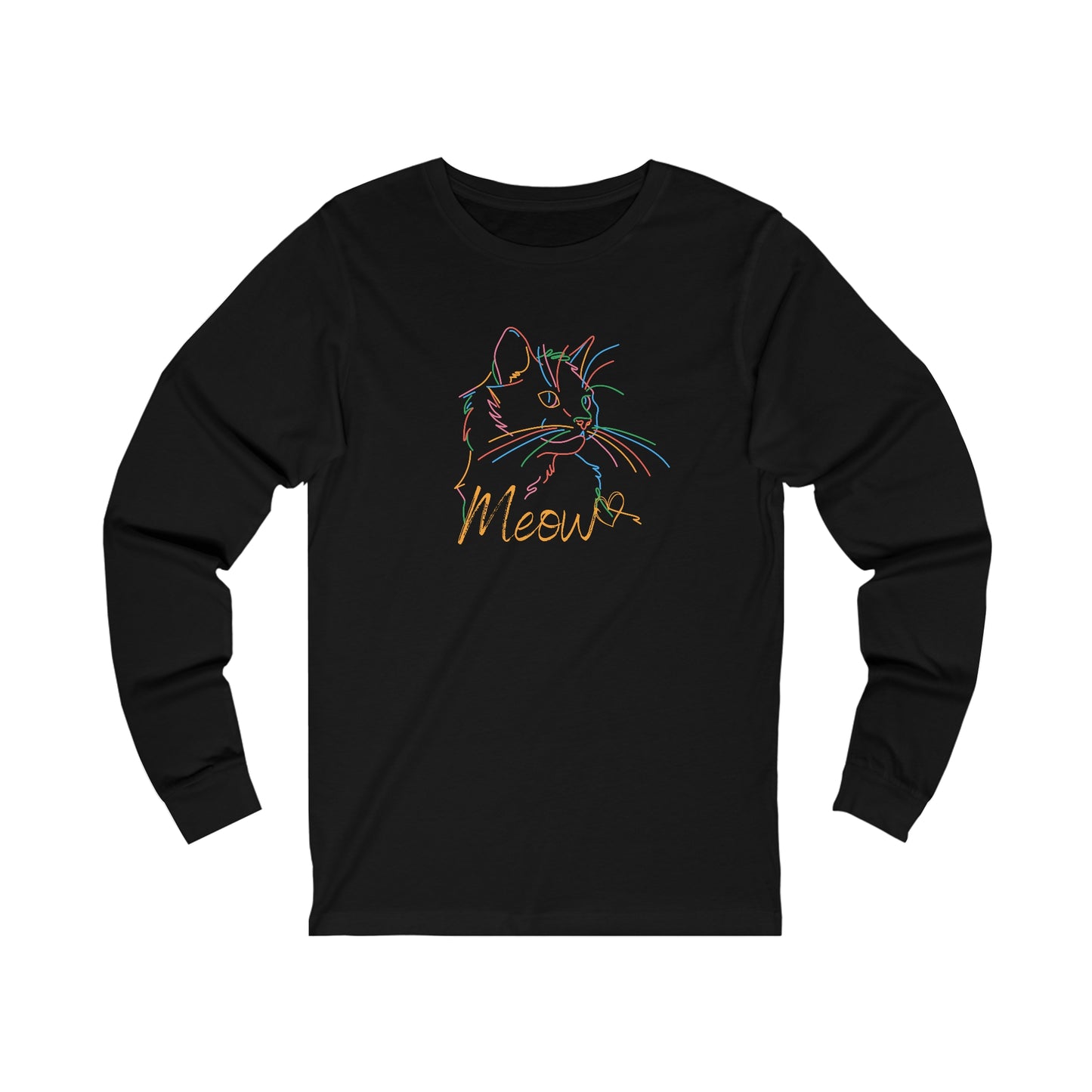 Printify black long-sleeve colorful cat tee with neon line art cat design and Meow text