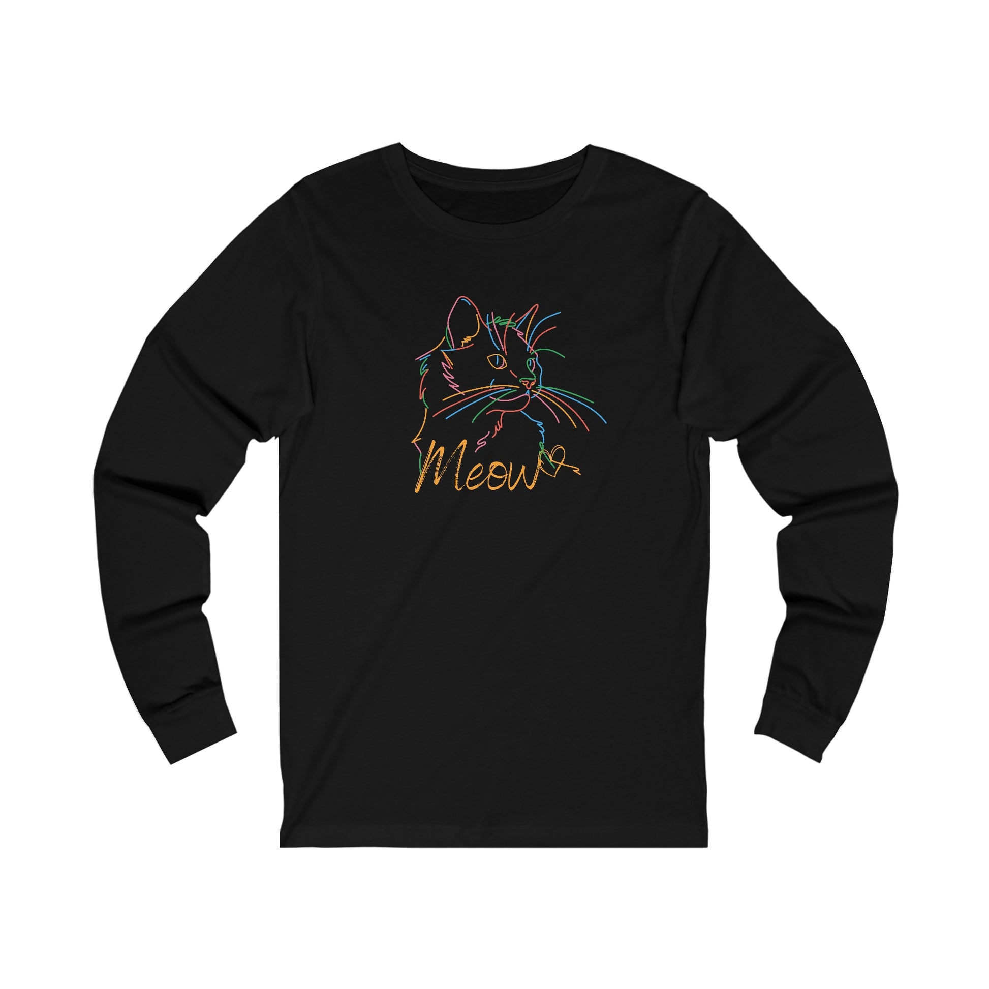 Printify black long-sleeve colorful cat tee with neon line art cat design and Meow text