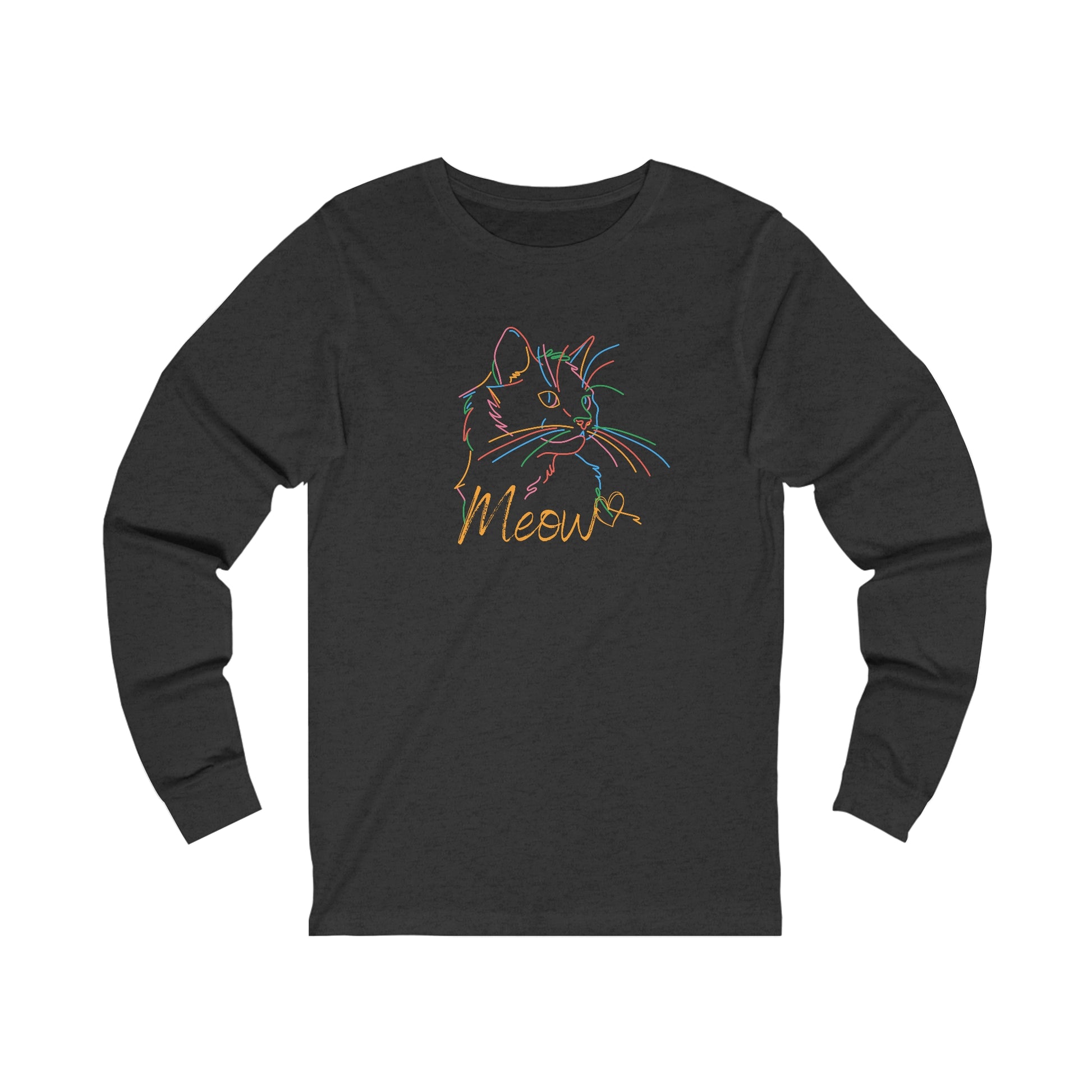 Printify long-sleeve black shirt featuring colorful cat tee design with neon outline and meow text