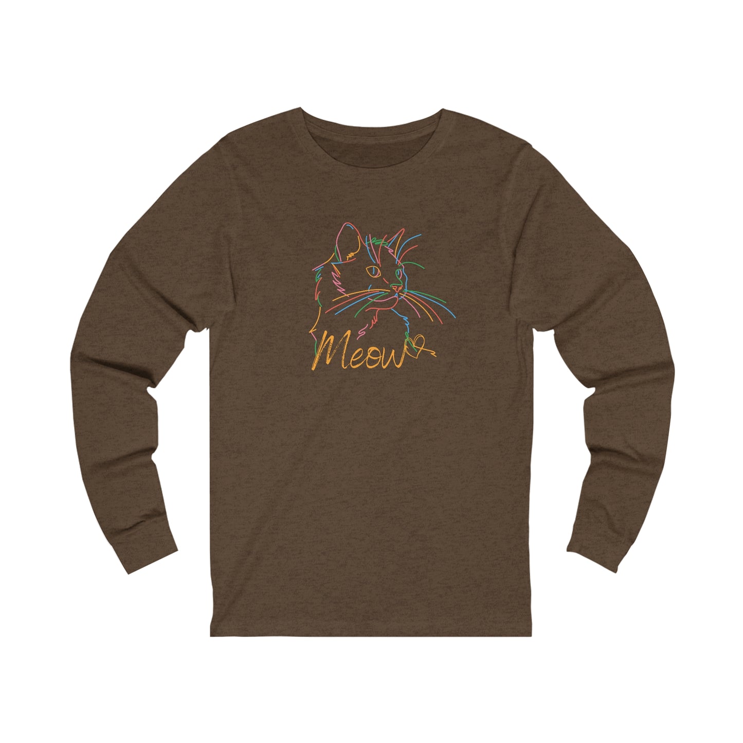 Printify long-sleeve shirt with colorful cat tee design and Meow text in multicolor lines