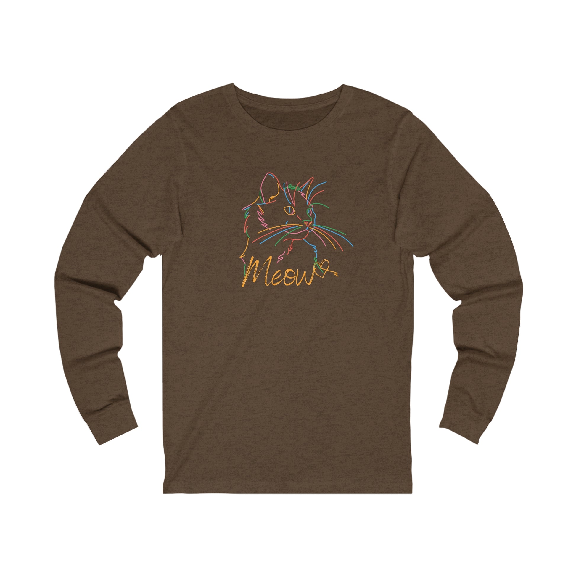 Printify long-sleeve shirt with colorful cat tee design and Meow text in multicolor lines