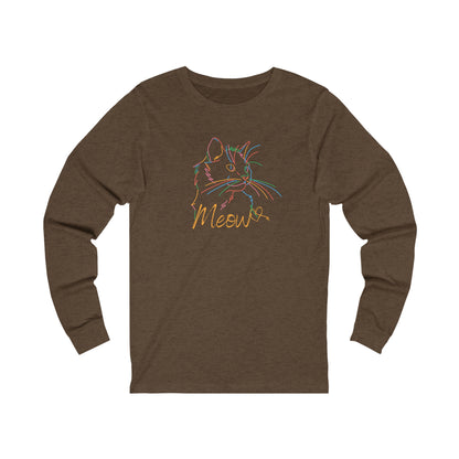 Printify long-sleeve shirt with colorful cat tee design and Meow text in multicolor lines