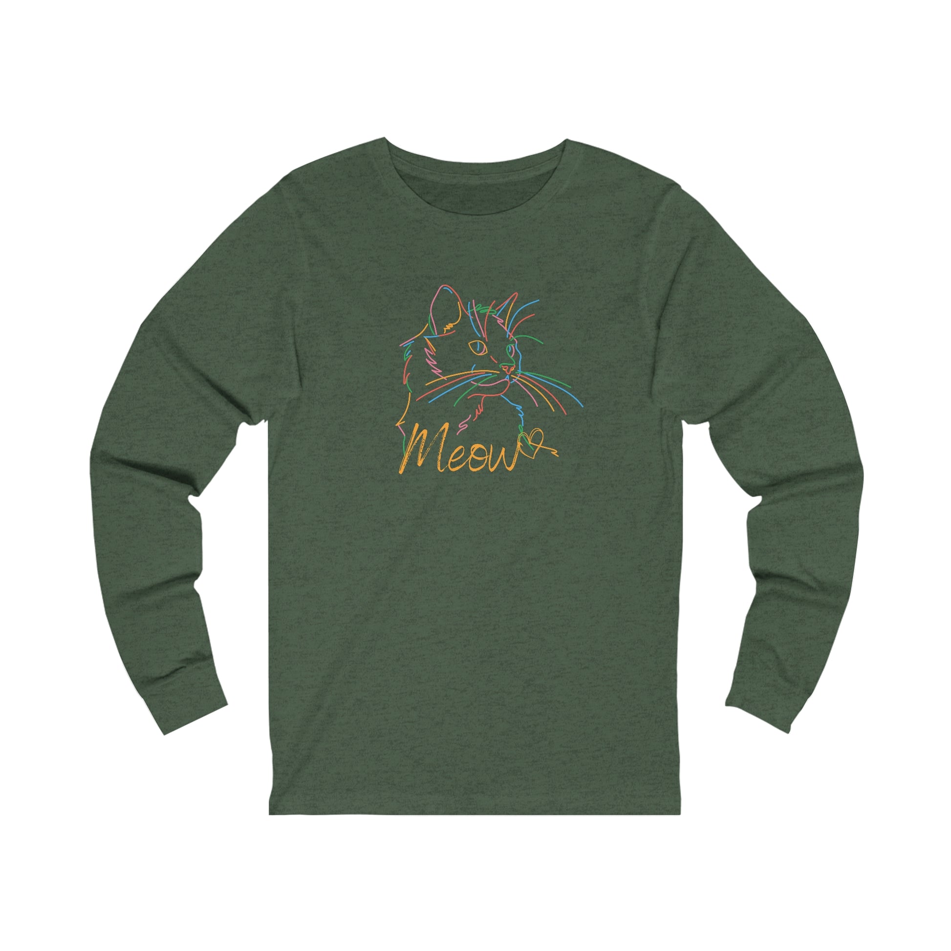 Printify long-sleeve shirt with colorful cat tee design and Meow text on olive green fabric