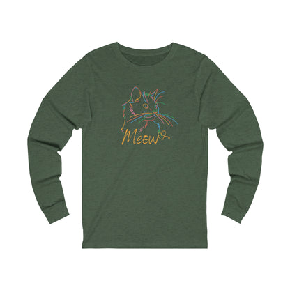 Printify long-sleeve shirt with colorful cat tee design and Meow text on olive green fabric