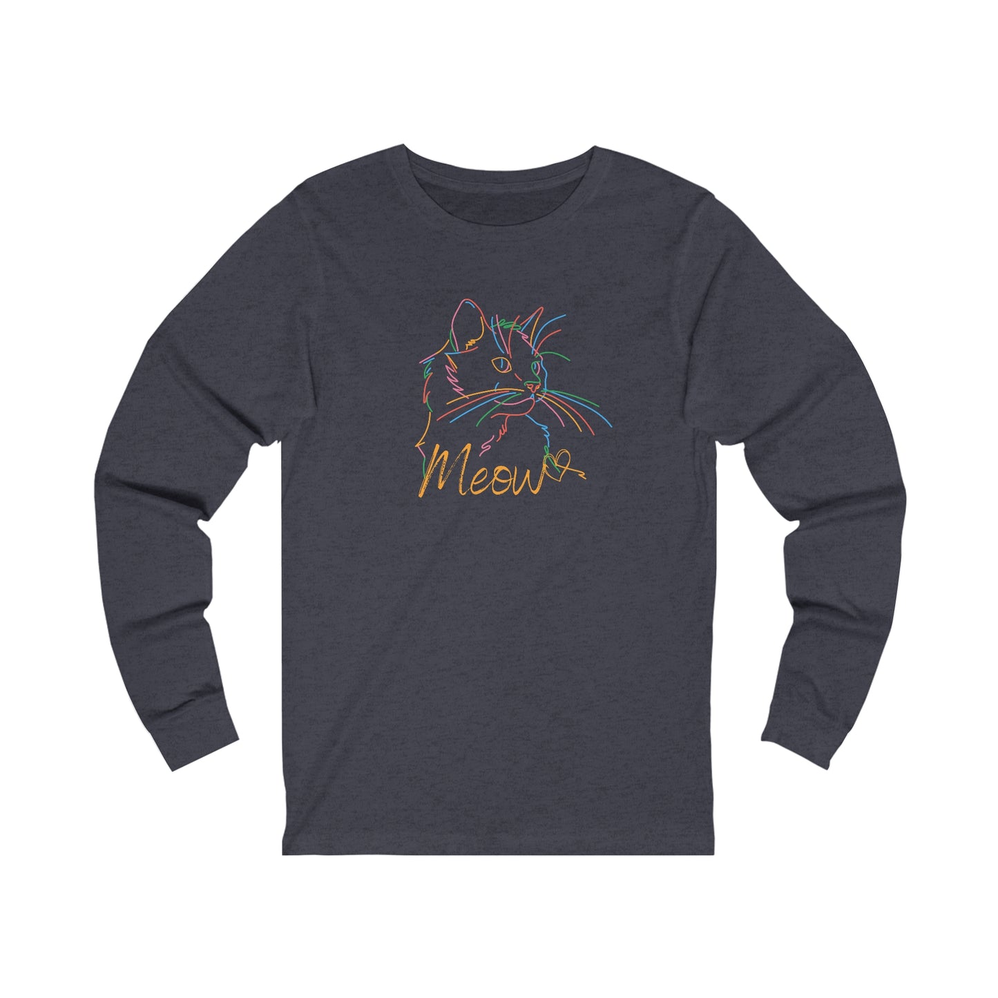 long-sleeve shirt with colorful cat tee design and Meow text in multicolor lines