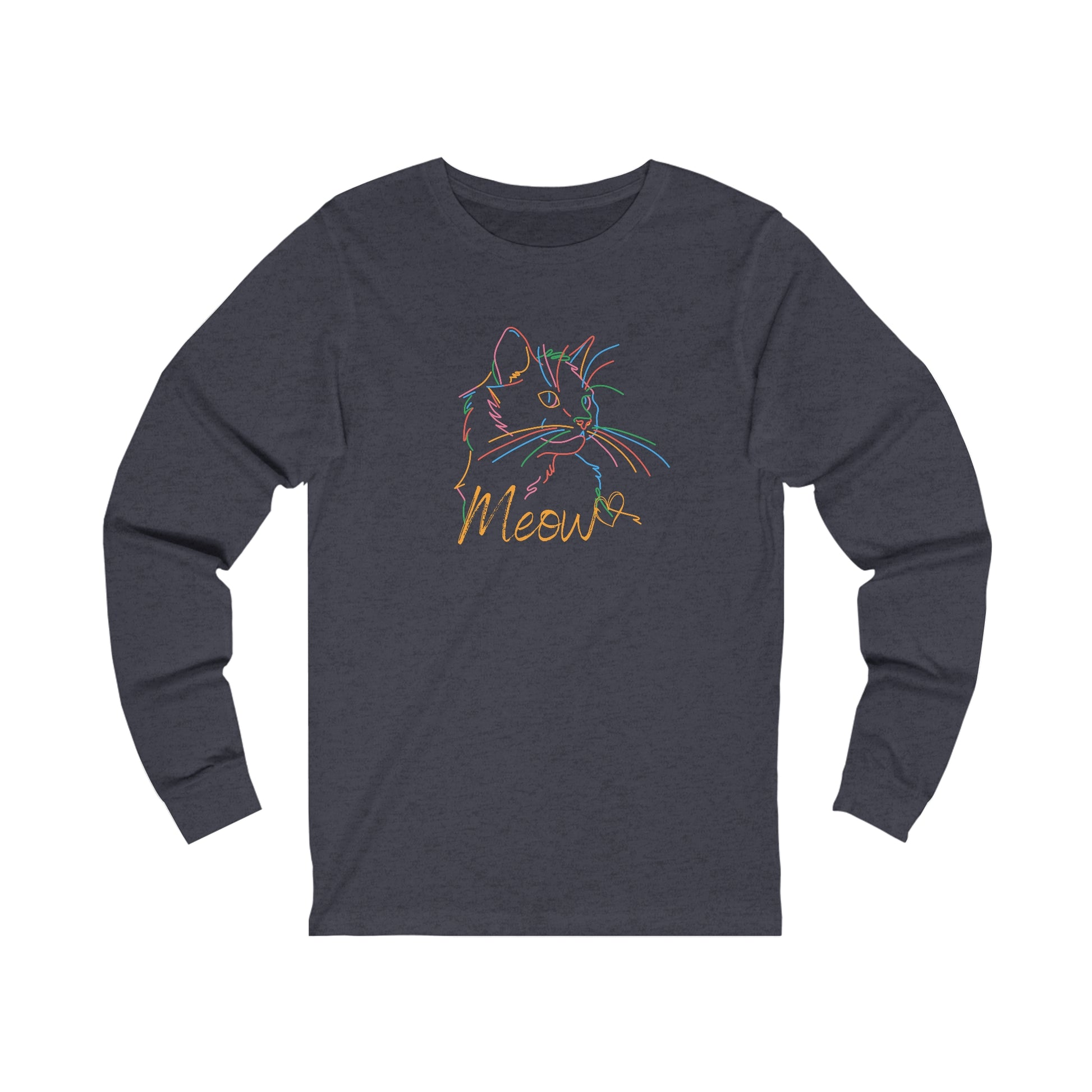 long-sleeve shirt with colorful cat tee design and Meow text in multicolor lines
