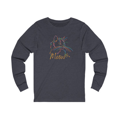 long-sleeve shirt with colorful cat tee design and Meow text in multicolor lines