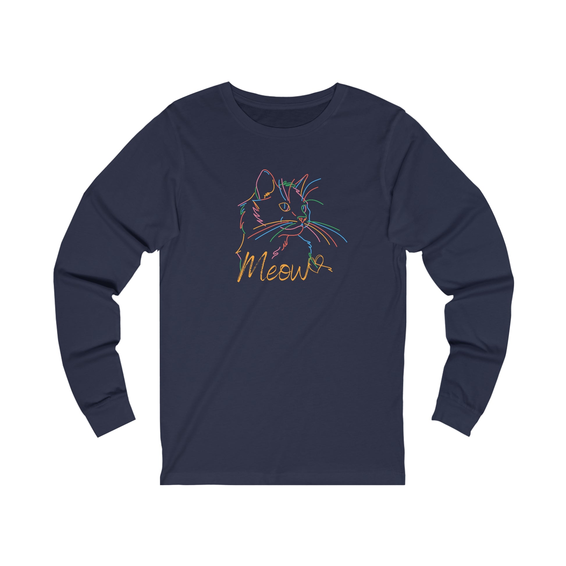 Printify navy long-sleeve colorful cat tee with neon line art cat and Meow text