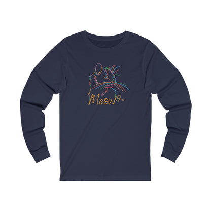 Printify navy long-sleeve colorful cat tee with neon line art cat and Meow text