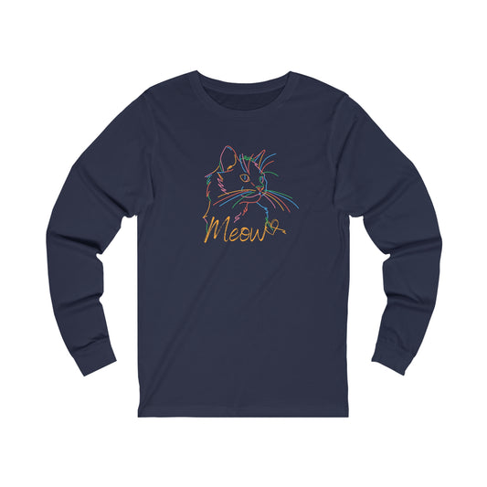 Printify navy long-sleeve colorful cat tee with neon line art cat and Meow text
