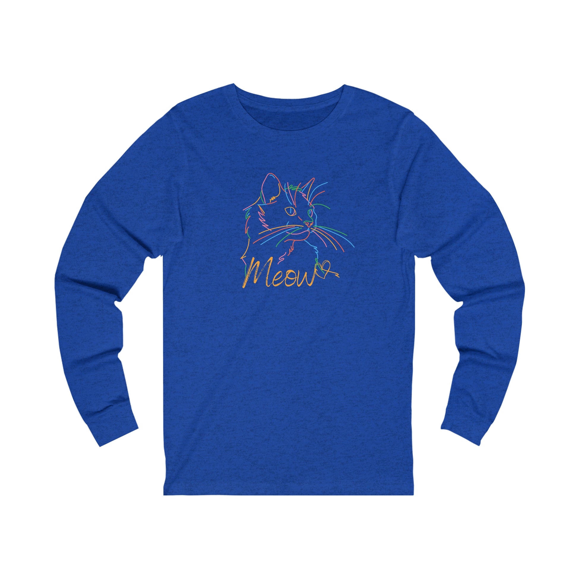 Printify long-sleeve blue shirt with colorful cat tee design featuring a cat outline and meow text
