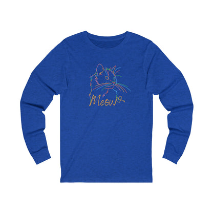 Printify long-sleeve blue shirt with colorful cat tee design featuring a cat outline and meow text
