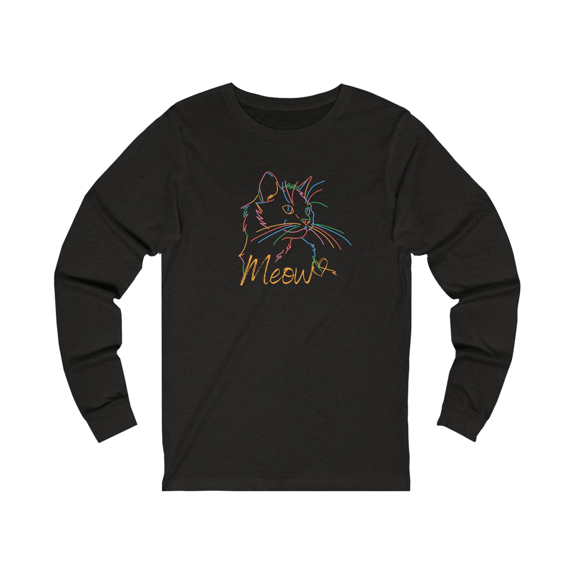 Printify black long sleeve colorful cat tee with neon cat outline and Meow text design