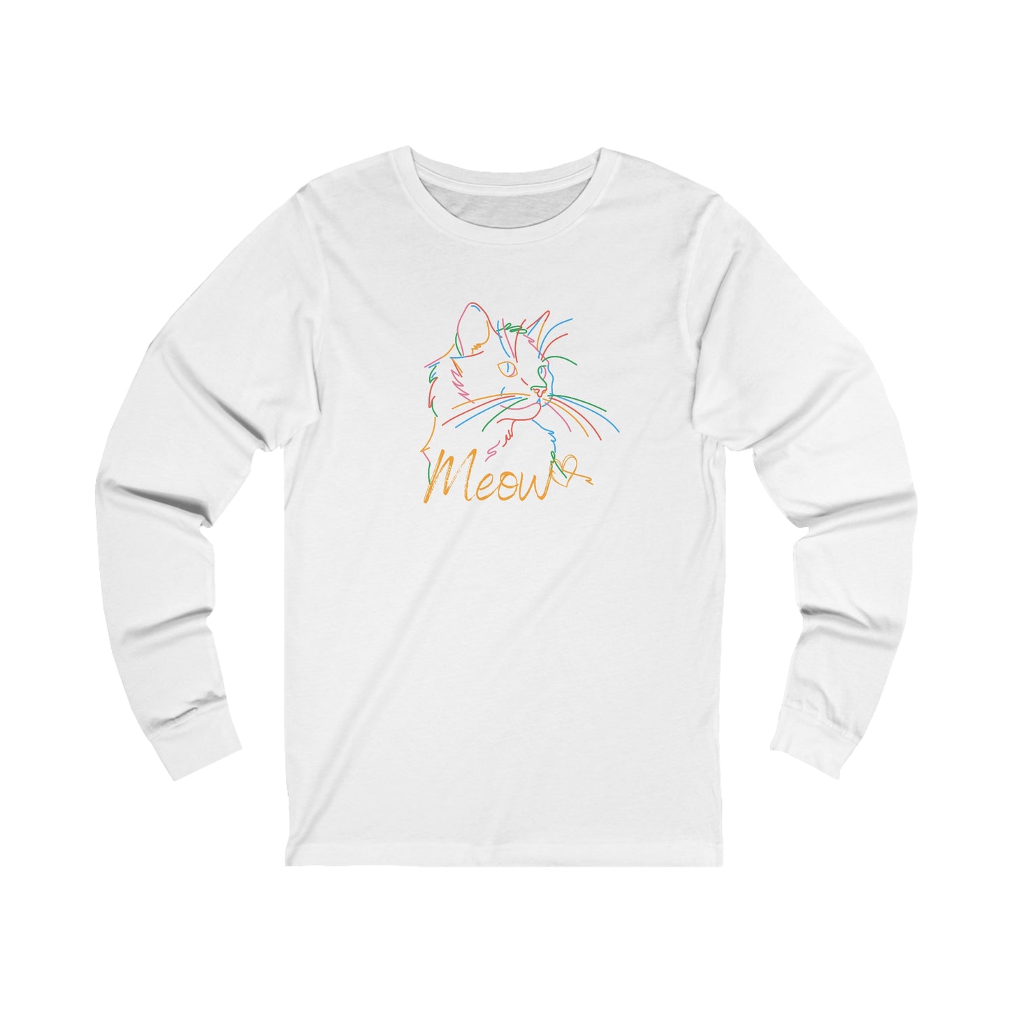 Printify white long-sleeve shirt featuring colorful cat tee outline with Meow text