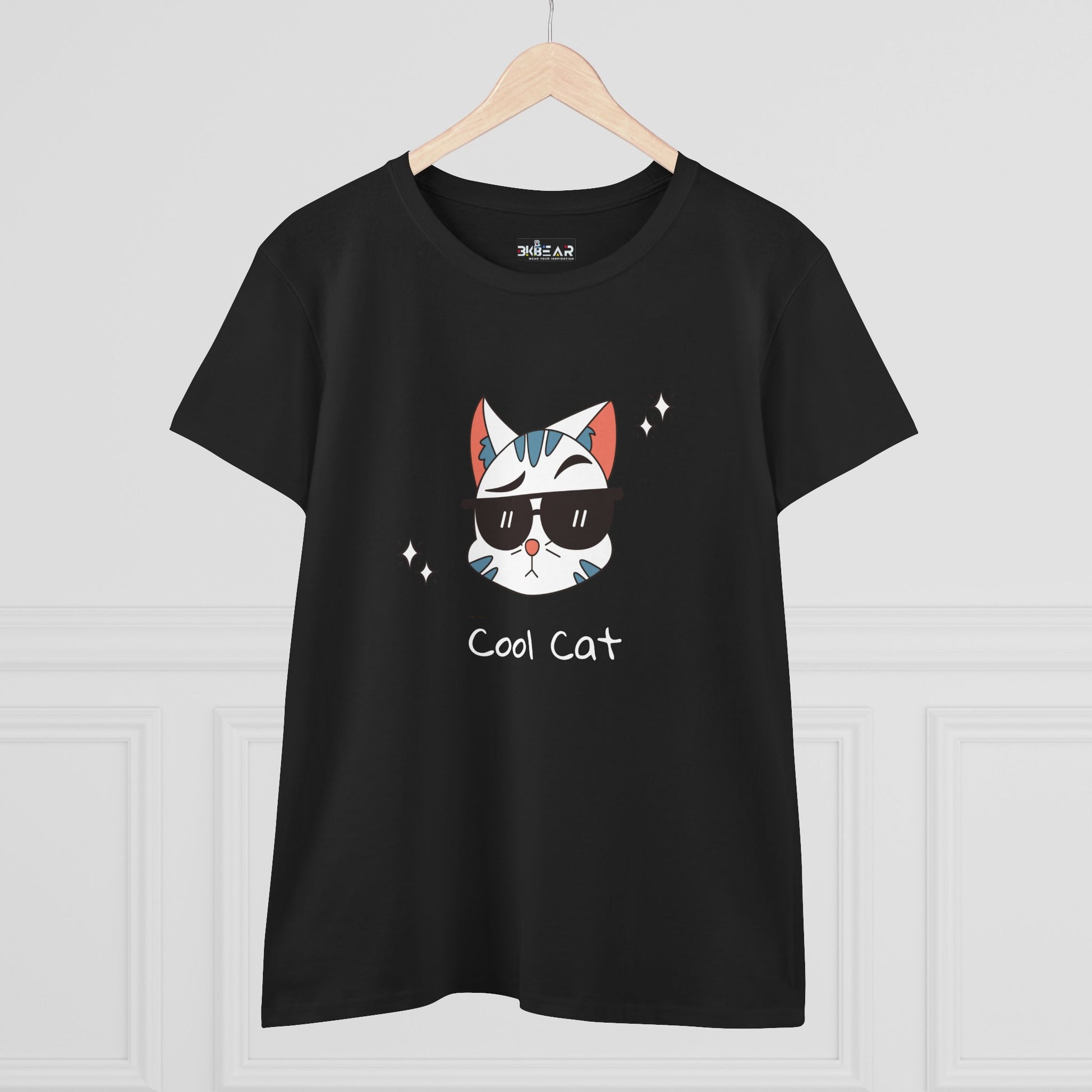 Black cool cat graphic t-shirt for women with white cat wearing sunglasses printed on front
