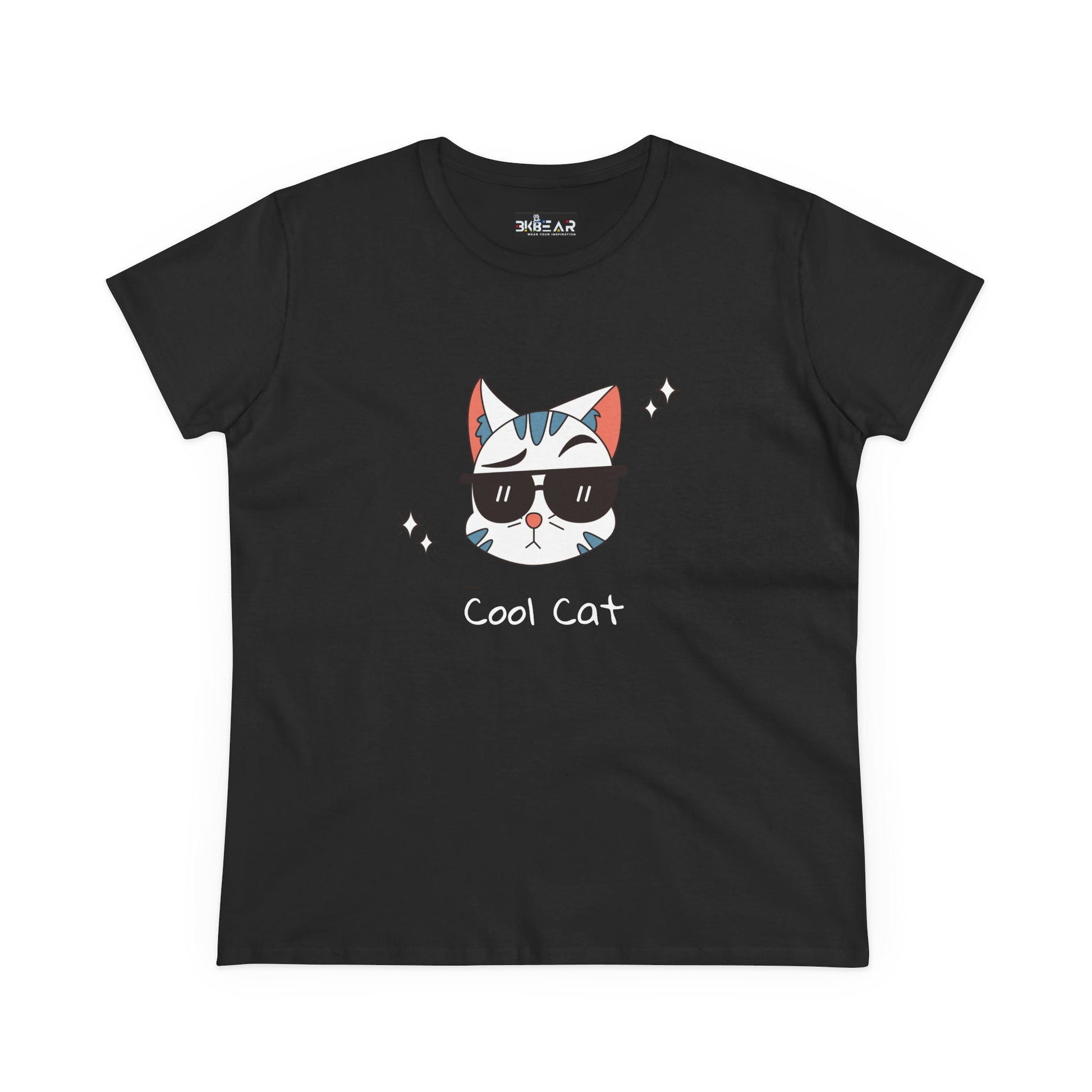 Black Printify cool cat graphic t-shirt for women with cat wearing sunglasses design
