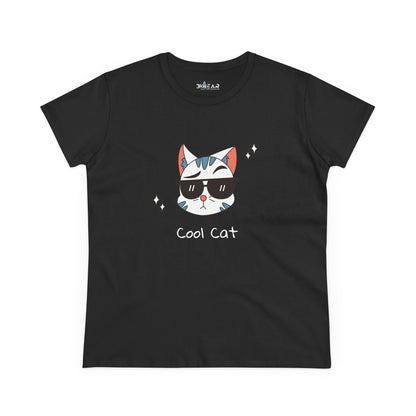 Black Printify cool cat graphic t-shirt for women with cat wearing sunglasses design