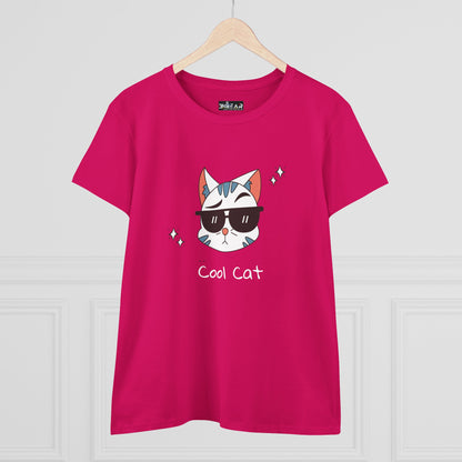 Bright pink Printify cool cat graphic t-shirt for women with cat wearing sunglasses design