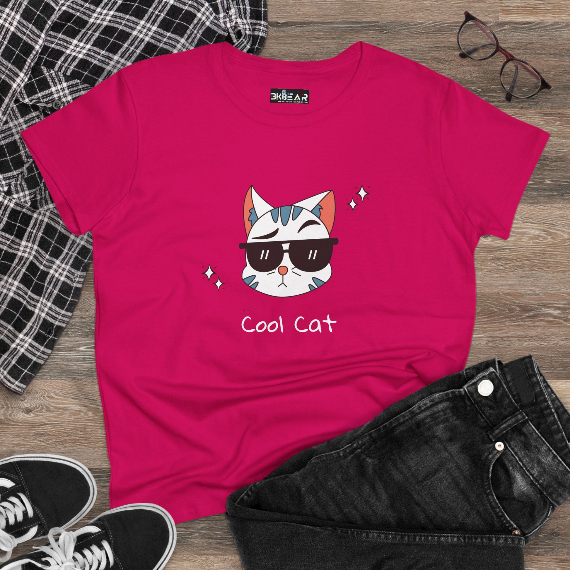 Pink cool cat graphic t-shirt for women with cat wearing sunglasses printed on front