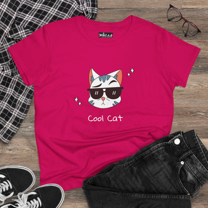 Pink cool cat graphic t-shirt for women with cat wearing sunglasses printed on front