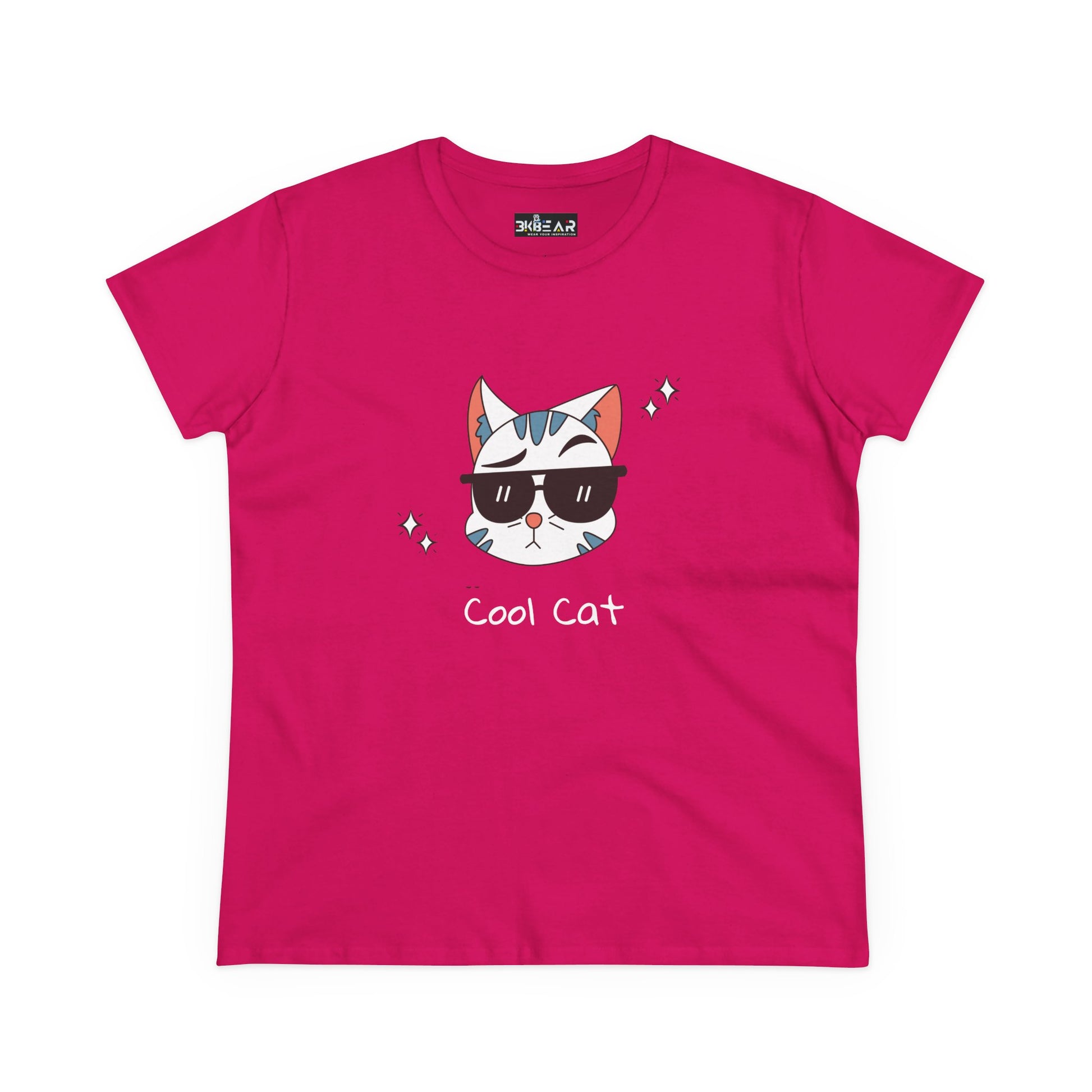 Pink cool cat graphic t-shirt for women with sunglasses cat illustration from Printify