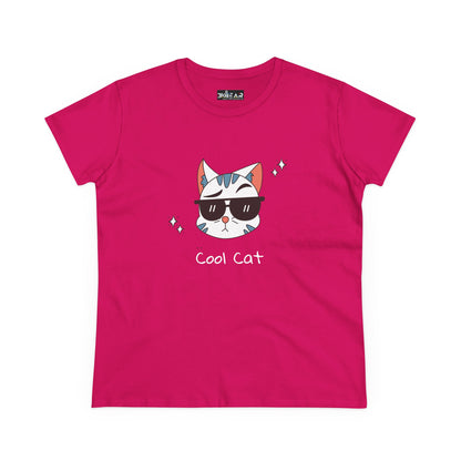 Pink cool cat graphic t-shirt for women with sunglasses cat illustration from Printify