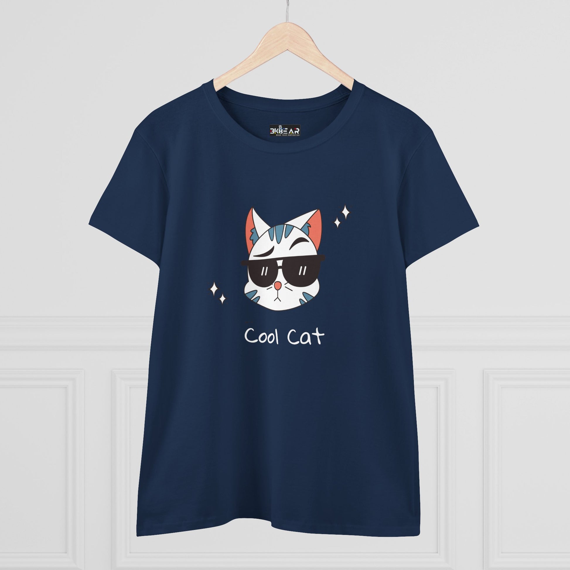 Navy Printify cool cat graphic t-shirt for women with cat wearing sunglasses design