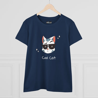 Navy Printify cool cat graphic t-shirt for women with cat wearing sunglasses design