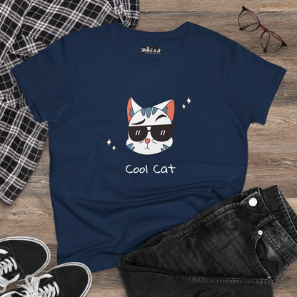 Navy Printify cool cat graphic t-shirt for women featuring cat with sunglasses design