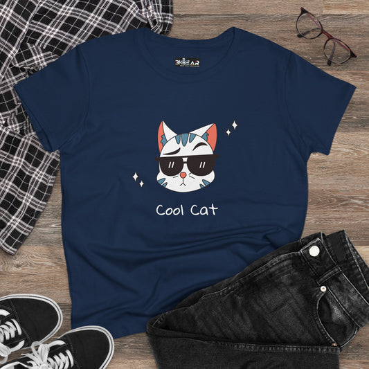 Navy Printify cool cat graphic t-shirt for women featuring cat with sunglasses design
