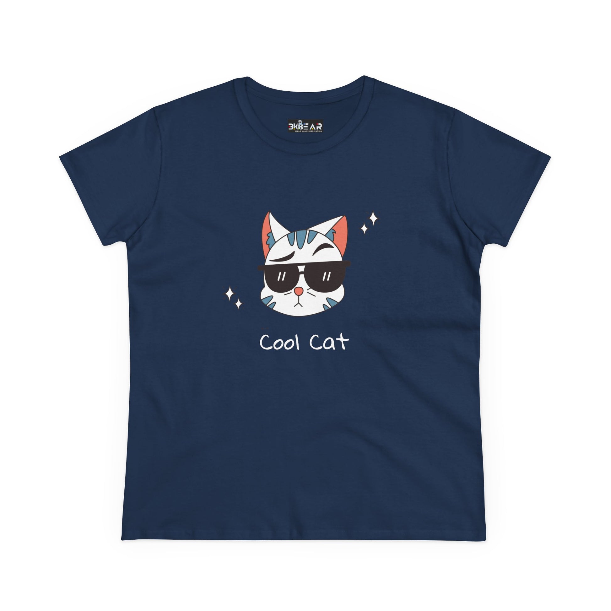 Printify navy blue cool cat graphic t-shirt for women with cat wearing sunglasses design