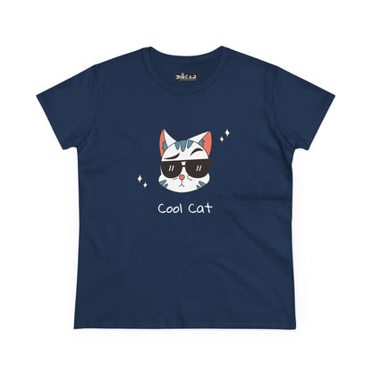 Printify navy blue cool cat graphic t-shirt for women with cat wearing sunglasses design